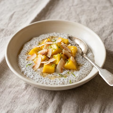 Coconut & Mango Chia Bowl - Chia pudding set in coconut milk under golden mango and toasted coconut