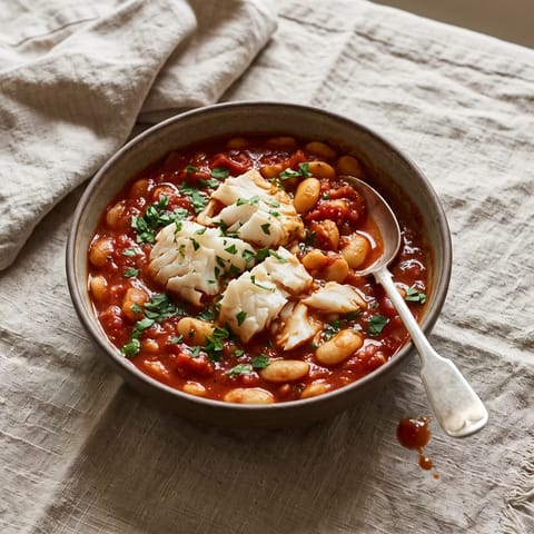 Cod & Chorizo-Free Bean Stew - Flaky cod poached on top of a smoky tomato and butter bean stew