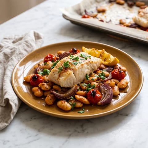 Cod, Chorizo-Spice & Butterbean Sheet-pan Bake - Cod roasted over paprika-spiced butter beans, tomatoes and lemon