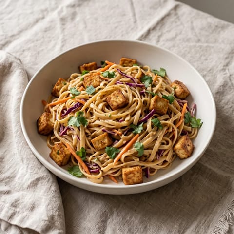 Cold Peanut Noodle Salad with Crispy Tofu - Cold rice noodles and crispy tofu in a lime-peanut dressing with cabbage and herbs