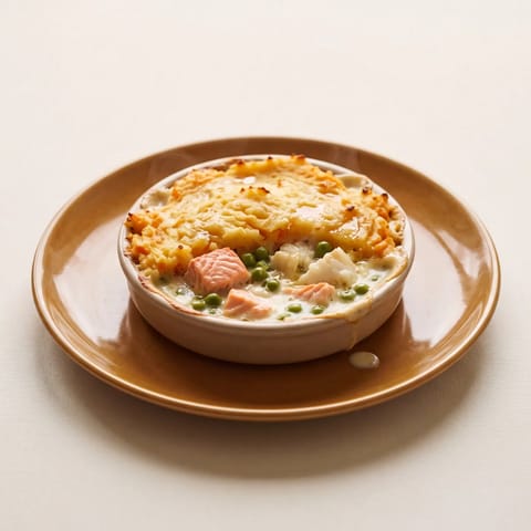 Comforting Fish Pie with Root Mash - Salmon and white fish under carrot-potato mash