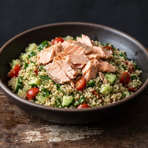 Cooked Salmon & Quinoa Grain Bowl - Roasted salmon over lemony quinoa with cucumber and herbs
