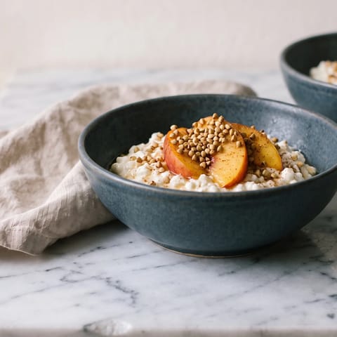 Cottage Cheese Bowl with Peach & Toasted Buckwheat - Creamy cottage cheese with ripe peach, honey and crunchy toasted buckwheat