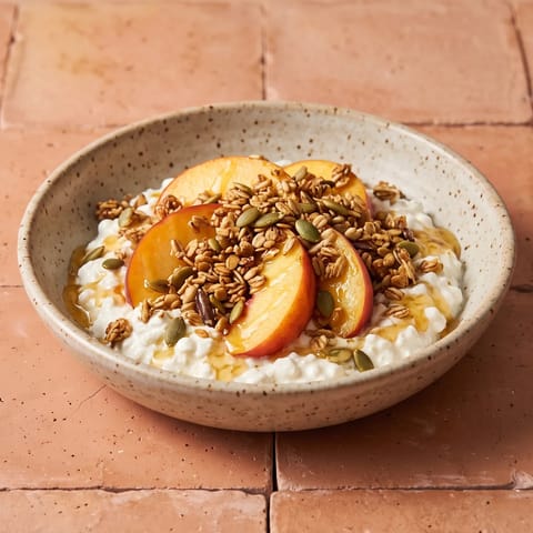 Cottage Cheese Power Bowl with Peaches & Granola - Cottage cheese under juicy peaches, granola and honey