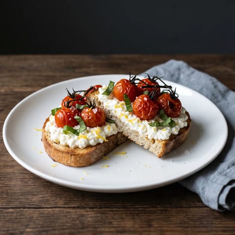 Cottage Cheese Toast with Roasted Tomatoes & Basil - Slow-roasted tomatoes over lemony cottage cheese on sourdough