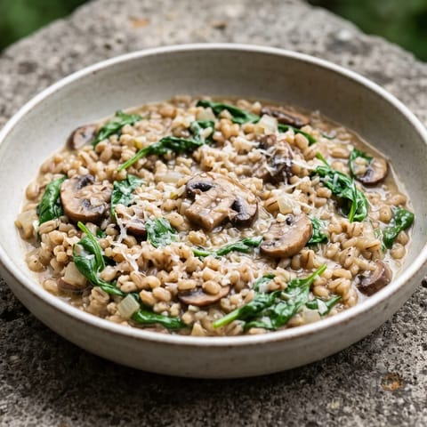 Creamy Mushroom & Spinach Barley Risotto - Pearl barley does risotto without the constant stirring