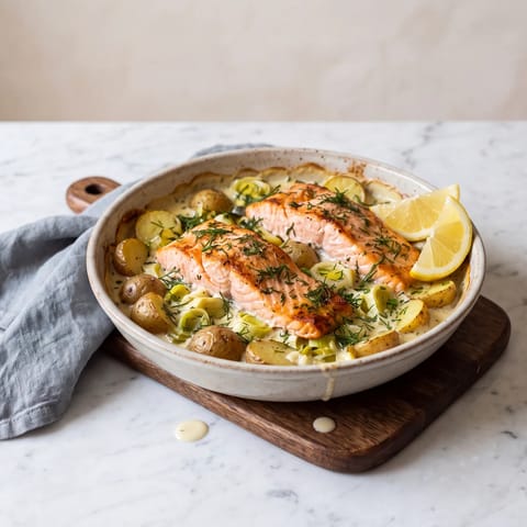 Creamy Salmon, Leek & Potato Bake - Salmon roasted over creamy leeks and potatoes in one dish