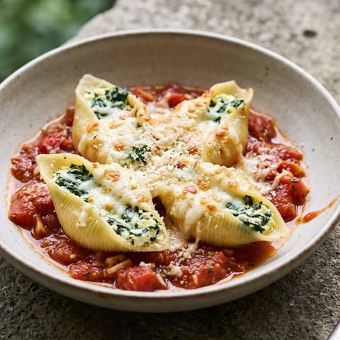 Creamy Spinach & Ricotta Stuffed Pasta Shells - Giant pasta shells filled with lemony spinach-ricotta, baked in tomato sauce under mozzarella