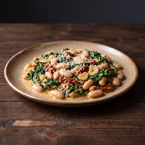 Creamy Tuscan White Bean & Kale Skillet - White beans and kale in a garlicky sun-dried tomato cream, finished with Parmesan