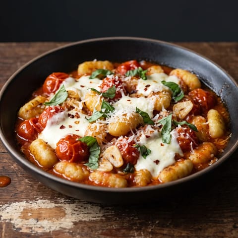 Crispy Gnocchi, Tomato & Mozzarella Pan - Pan-crisped gnocchi with burst cherry tomatoes and molten mozzarella pockets