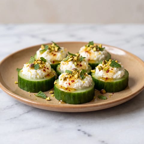 Cucumber Rounds with Whipped Ricotta & Hot Honey - Cool cucumber coins piled with lemony whipped ricotta and a chili-honey drizzle