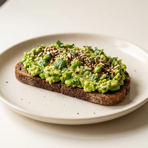 Edamame & Avocado Smash on Rye - Bright green edamame crushed with avocado, lemon and mint on dark rye