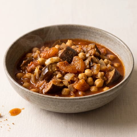 Eggplant & Chickpea Tagine-Style Stew - Soft eggplant and chickpeas in a cinnamon-spiked tomato stew with apricots