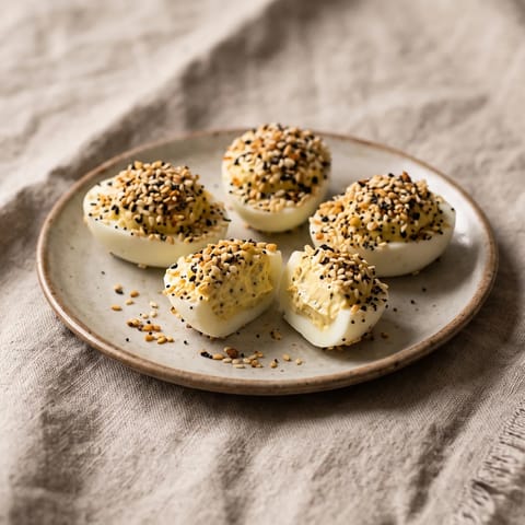 Everything-Bagel Deviled Eggs - Fully-cooked deviled eggs with Greek yogurt filling and an everything-bagel seed crust