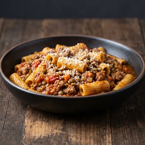 Freezer-Hero Beef & Lentil Ragu with Rigatoni - A double-batch beef and lentil ragu engineered for the freezer