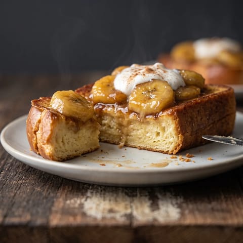 French Toast with Caramelized Bananas - Custardy French toast under sticky caramelized bananas and yogurt