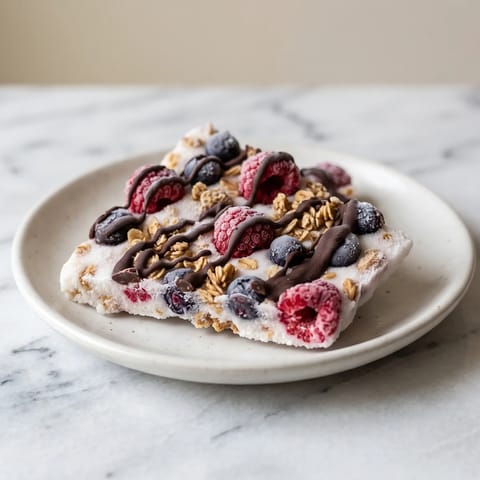 Frozen Yogurt Bark with Berries & Granola - Vanilla yogurt frozen into snappable bark with berries and granola clusters
