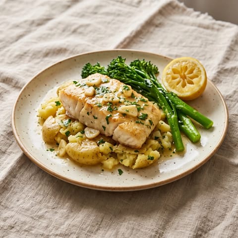Garlic Butter Cod with Crushed Potatoes & Greens - Pan-fried cod basted in lemony garlic butter over crushed potatoes and buttered greens