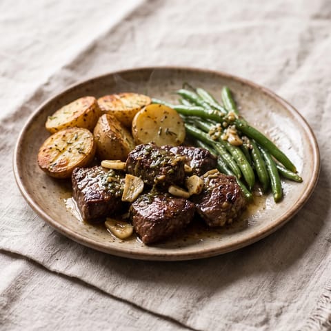 Garlic Butter Steak Bites with Potatoes & Green Beans - Seared steak bites rolled in garlic-herb butter with crispy potatoes and beans