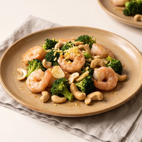 Garlic Shrimp & Broccoli Stir-Fry with Cashews - A 15-minute garlic and ginger shrimp stir-fry with broccoli and toasted cashews