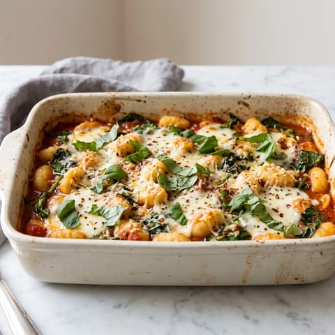 Gnocchi with Spinach, Tomato & Mozzarella Bake - Pillowy gnocchi baked in garlicky tomato sauce with spinach and molten mozzarella