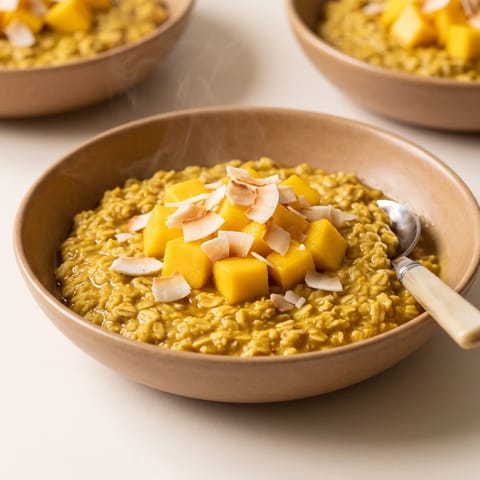 Golden Turmeric Oatmeal with Mango - Golden-milk-spiced oatmeal crowned with mango and toasted coconut