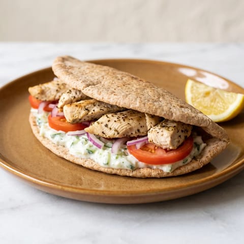 Greek Chicken Pitas with Tzatziki - Oregano-lemon chicken stuffed into warm pitas with homemade tzatziki and crunchy salad