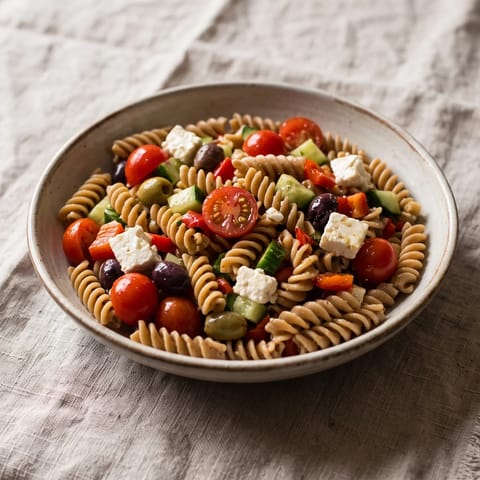 Greek Pasta Salad with Pasteurized Feta - Whole-wheat pasta, crunchy vegetables and plenty of feta