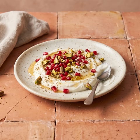 Greek Yogurt with Pomegranate & Pistachios - Thick Greek yogurt under a shower of pomegranate seeds, pistachios and honey