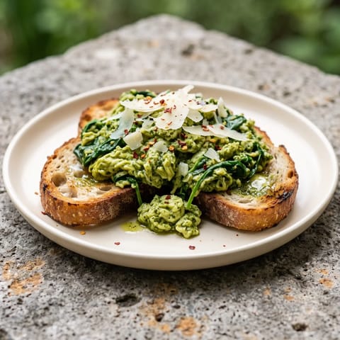 Green Eggs (Pesto Scramble) on Sourdough - Soft pesto-swirled scrambled eggs with spinach on thick sourdough