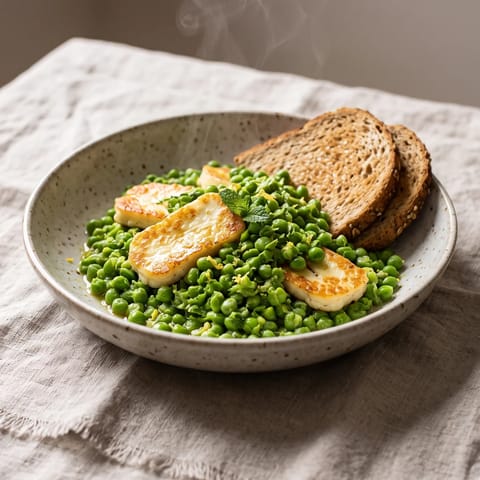Green Pea & Halloumi Breakfast Bowl - Smashed minted peas with golden seared halloumi and a squeeze of lemon