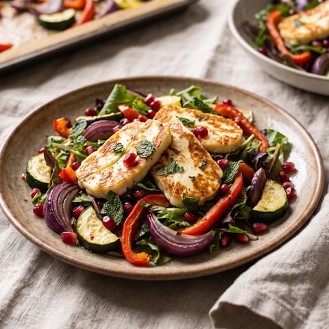 Halloumi & Roasted Vegetable Salad with Pomegranate - Golden halloumi over sweet roasted vegetables with pomegranate and mint