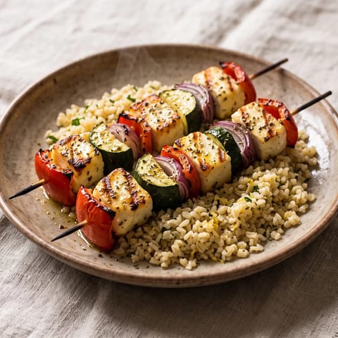 Halloumi & Vegetable Skewers with Lemon Bulgur - Charred skewers of halloumi, peppers and zucchini over herbed lemon bulgur