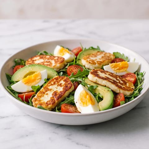 Halloumi, Egg & Avocado Breakfast Salad - Golden halloumi and boiled eggs over avocado, tomatoes and arugula