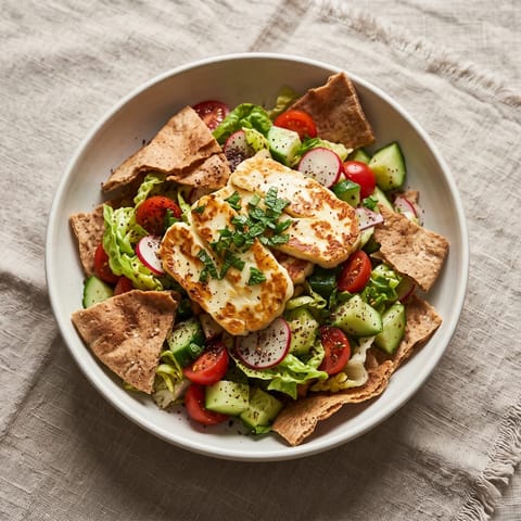 Halloumi Fattoush-Style Chopped Salad - A crunchy Levantine chopped salad with crisp pita shards and golden halloumi