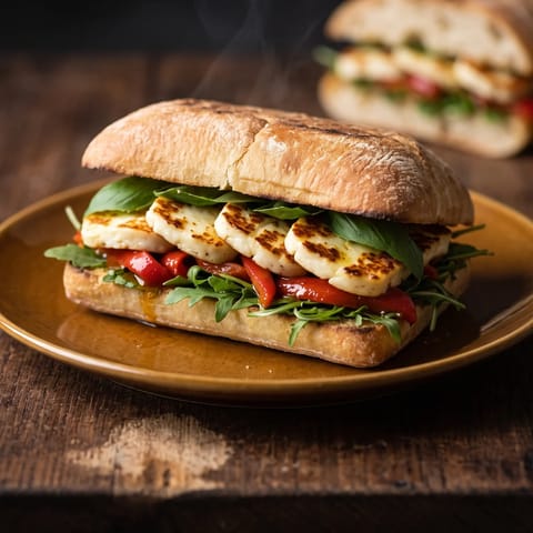 Halloumi, Roast Pepper & Arugula Ciabatta - Seared halloumi and sweet roasted peppers pressed into crusty ciabatta with arugula and basil