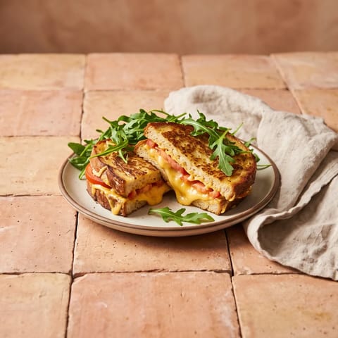 Ham-Free Croque: Cheddar & Tomato French Toast - Savory French toast layered with cheddar and tomato, cooked until molten