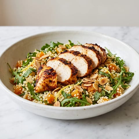 Harissa Chicken & Couscous Salad - Harissa-rubbed chicken over lemony couscous with apricots, almonds and herbs