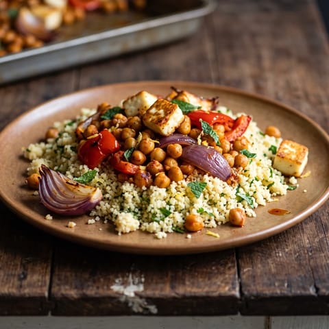 Harissa Chickpea & Halloumi Sheet-pan Couscous - Harissa-roasted chickpeas, peppers and halloumi tumbled over lemon couscous