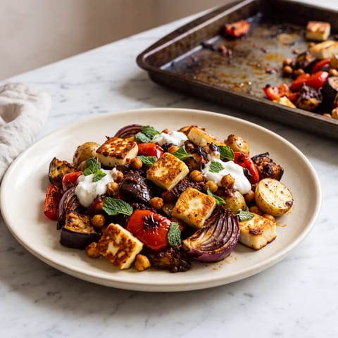 Harissa Roasted Vegetable & Halloumi Sheet-pan Bake - Harissa-slicked vegetables roasted until sweet, with golden halloumi added for the final act