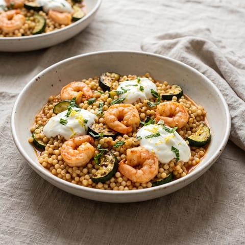 Harissa Shrimp with Giant Couscous & Zucchini - Harissa-butter shrimp over pearl couscous with charred zucchini and lemon yogurt