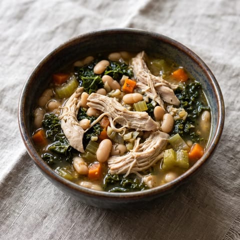 Hearty Chicken, Kale & White Bean Stew - A slow-feeling one-pot chicken stew with kale and white beans