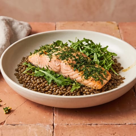 Herb-Crusted Salmon with Lentil & Arugula Salad - Herb-crusted salmon roasted in about twelve minutes, served over Puy lentils and arugula