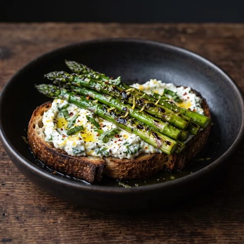 Herbed Ricotta & Asparagus on Sourdough - Charred asparagus over lemony herbed ricotta on thick sourdough toast