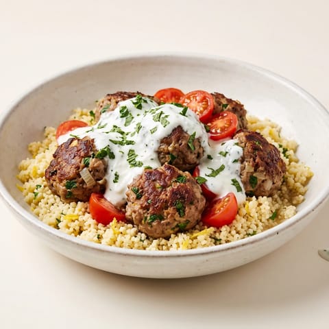 Herby Lamb Meatballs with Minted Yogurt & Couscous - Spiced lamb meatballs over lemon couscous with cool minted yogurt