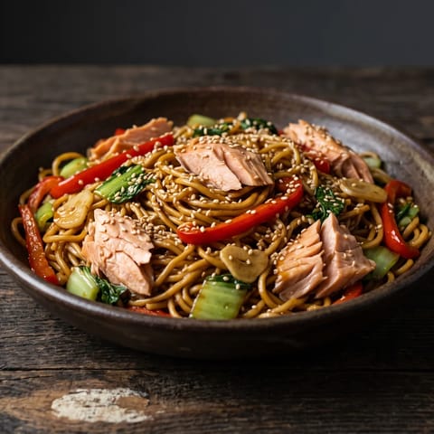 Honey-Garlic Salmon Noodle Stir-Fry - Flaked honey-garlic salmon tossed with noodles, peppers and bok choy