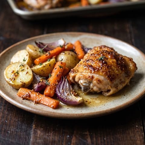 Honey-Mustard Chicken Sheet-pan Bake with New Potatoes - Chicken thighs glazed in honey-mustard roasted over new potatoes, carrots and red onion