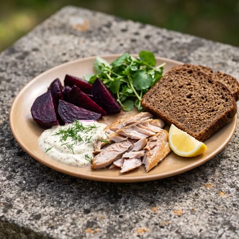 Hot-Smoked Mackerel & Beet Rye Plate - Hot-smoked mackerel with beets, horseradish-mustard yogurt and rye