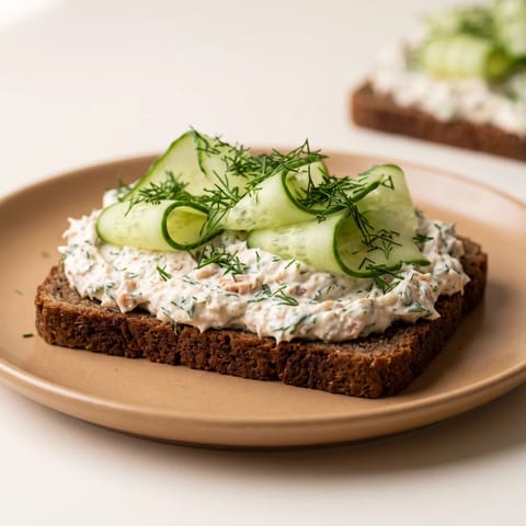 Whipped Smoked Trout Spread on Rye - Whipped hot-smoked trout with lemon and Dijon on dark rye with cucumber