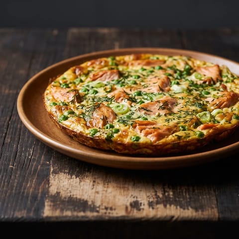 Hot-Smoked Salmon & Dill Frittata - An open-faced oven frittata with flakes of hot-smoked salmon, dill and peas